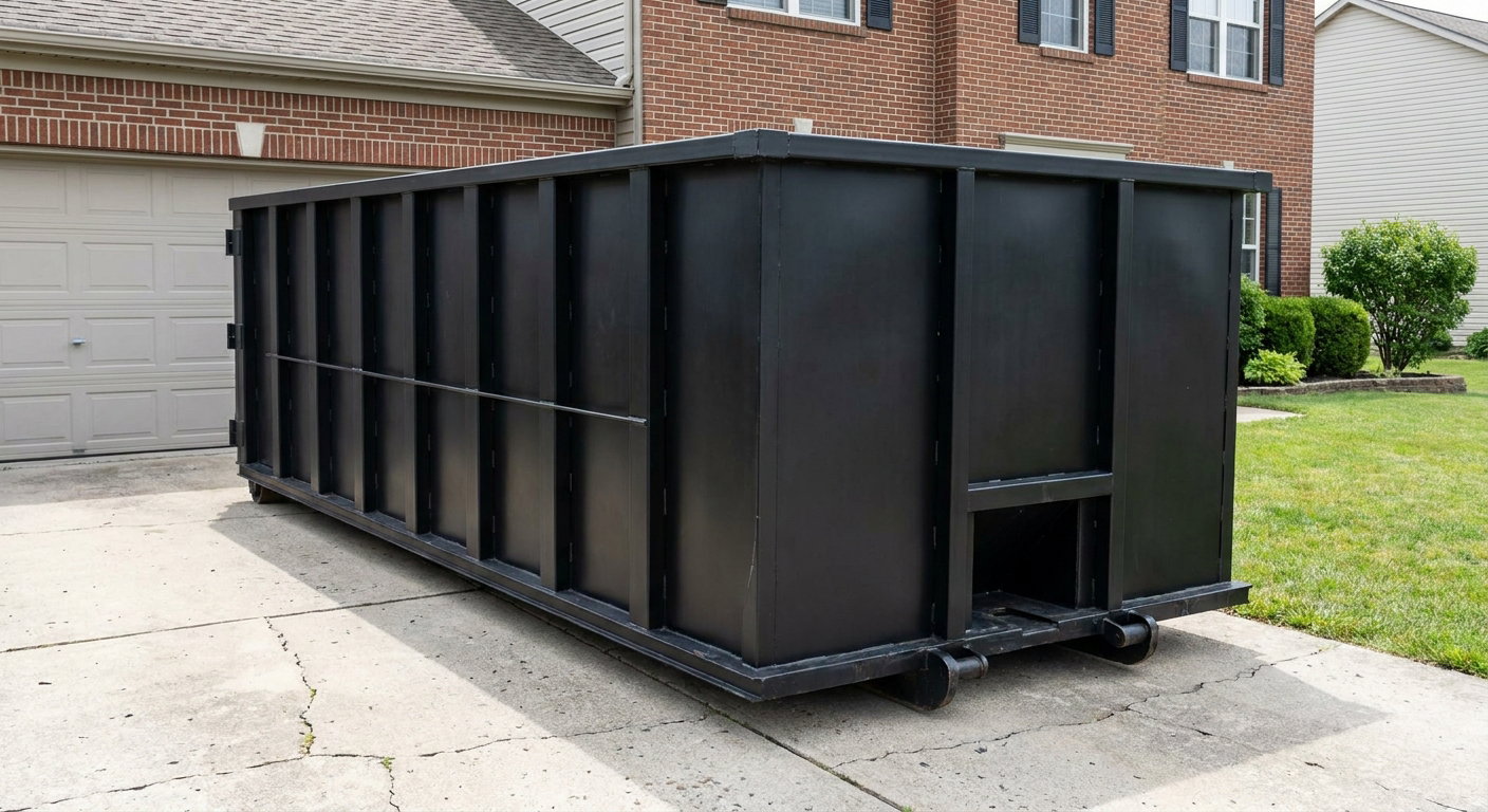 Matte-black 20-yard roll-off container on a Haverhill residential concrete driveway with reinforced ribbed steel sidewalls and a hinged rear walk-in door, clean bright daylight.