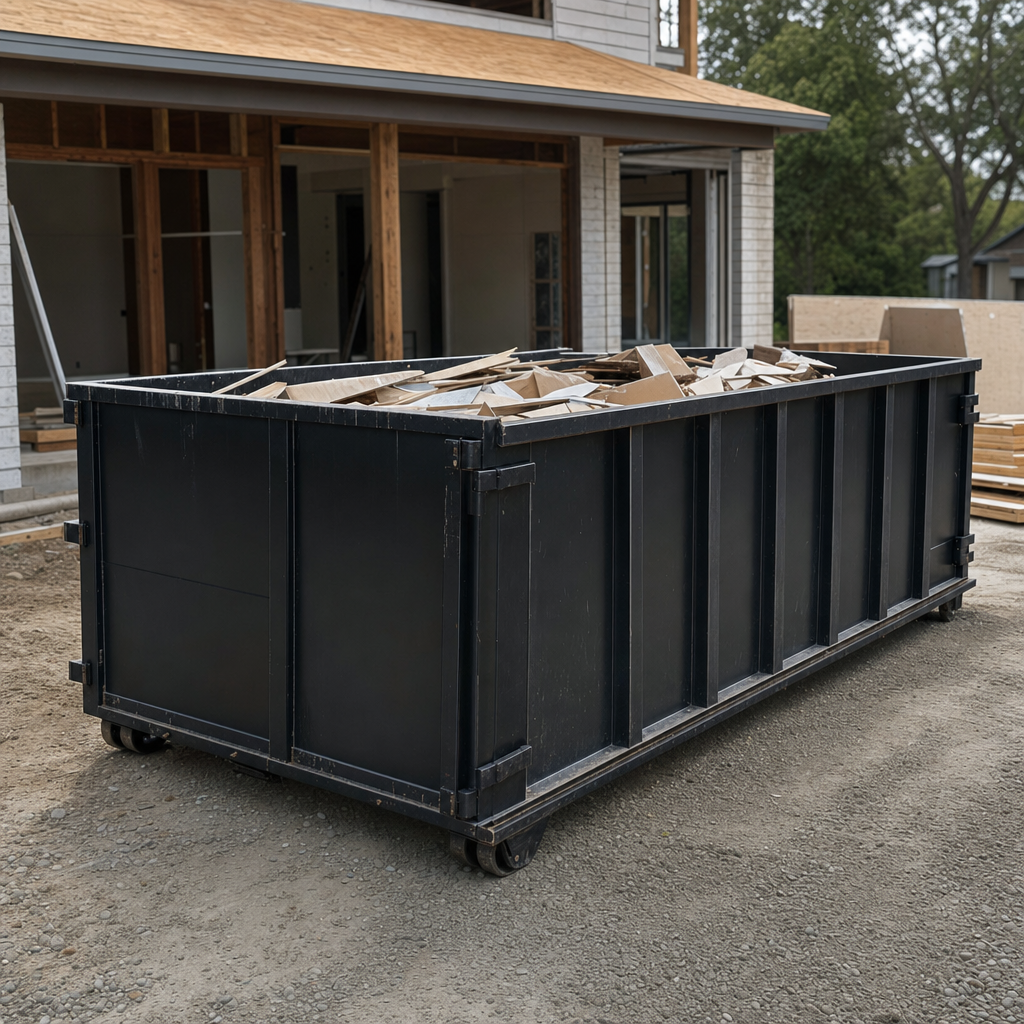 Large matte-black 30-yard construction roll-off dumpster at an active Haverhill jobsite, steel-gray top rails and bottom rollers visible, loaded with construction debris.