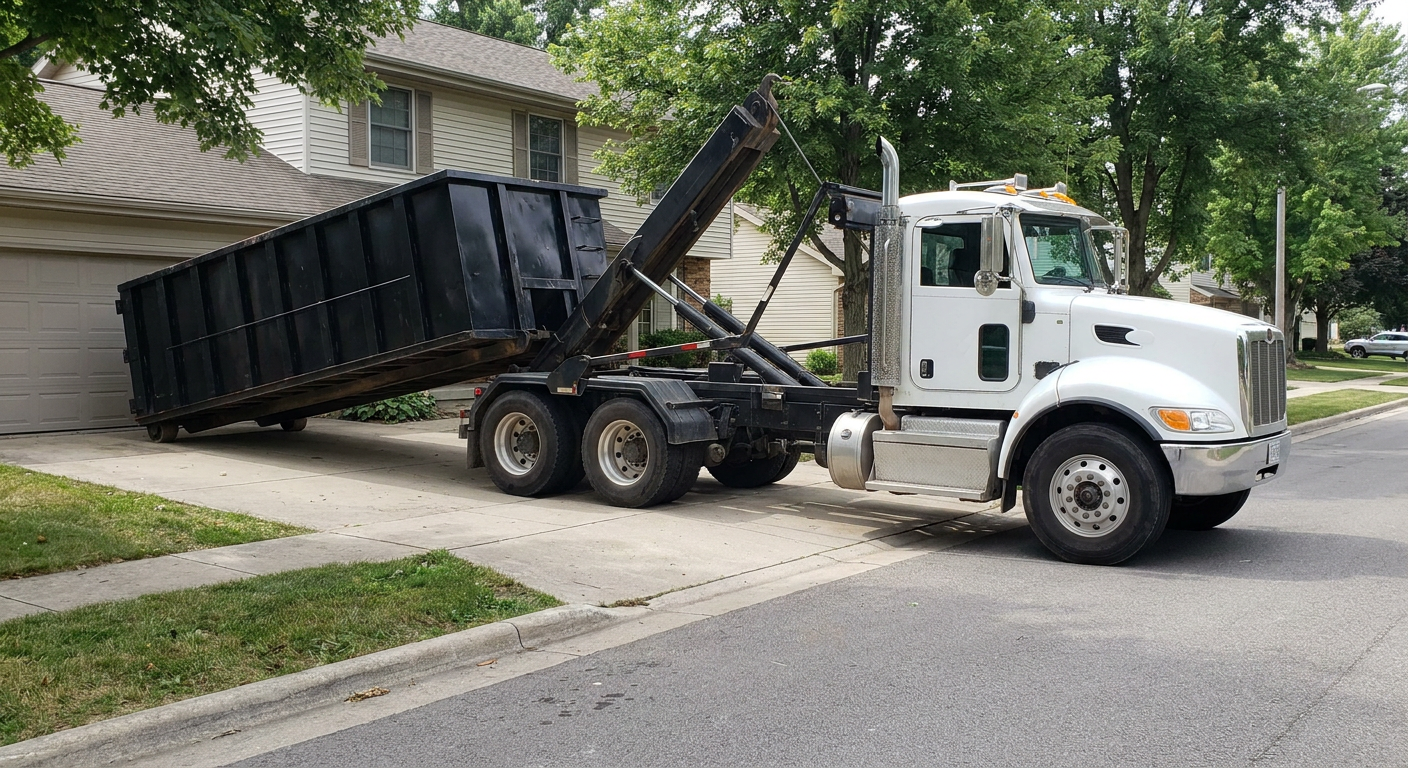 White-cab hooklift roll-off truck actively lowering a matte-black dumpster onto a Haverhill residential concrete driveway, the dumpster's rear wheels touching the driveway as the hoist arm tilts the bed forward, mid-morning daylight.