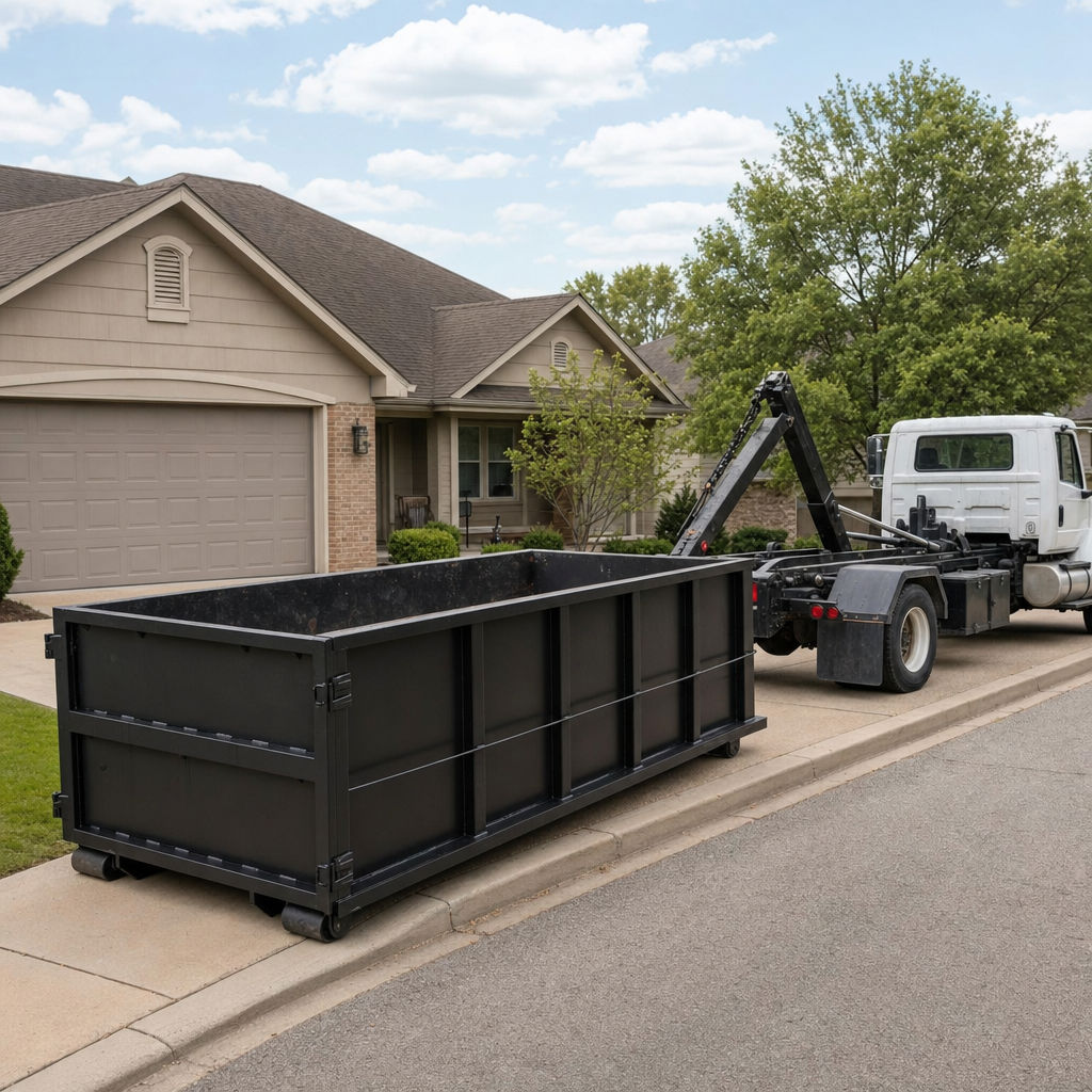 Wide documentary shot of a matte-black roll-off dumpster on a Haverhill residential driveway in the foreground and a contractor jobsite container in the soft-focus background, bright daylight, calm and orderly composition.