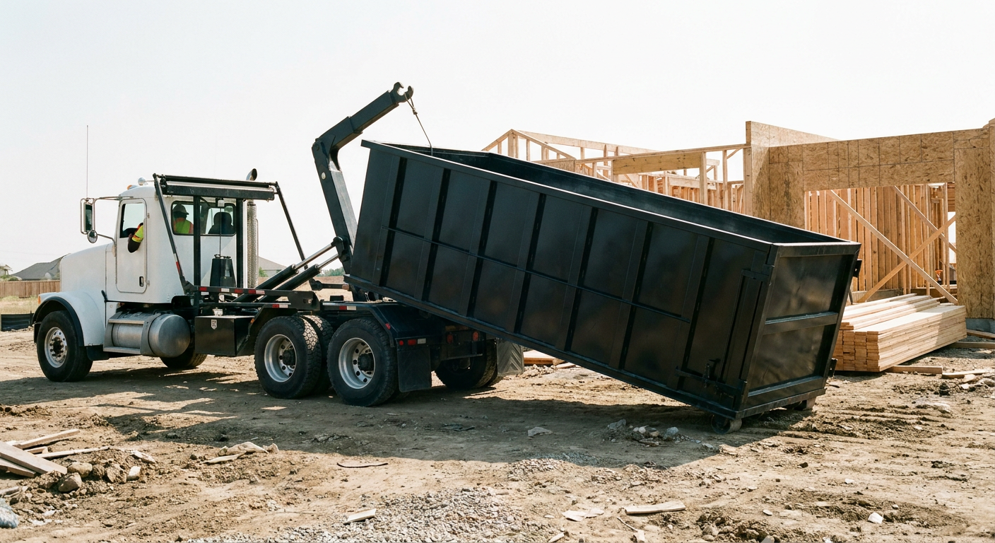 Matte-black roll-off dumpster being delivered onto a clean residential concrete driveway in Haverhill by an unmarked white hooklift hauler truck, bright morning daylight, documentary 35mm perspective.